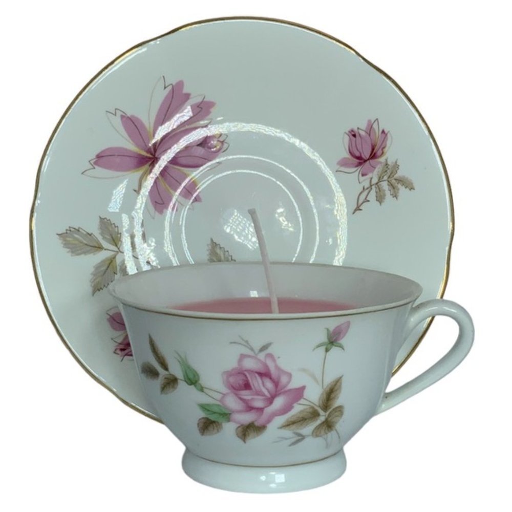 Vintage HandmadeTeacup Candle Saucer Set with Artisan Hand Poured Soy Candle - Picture 2 of 16